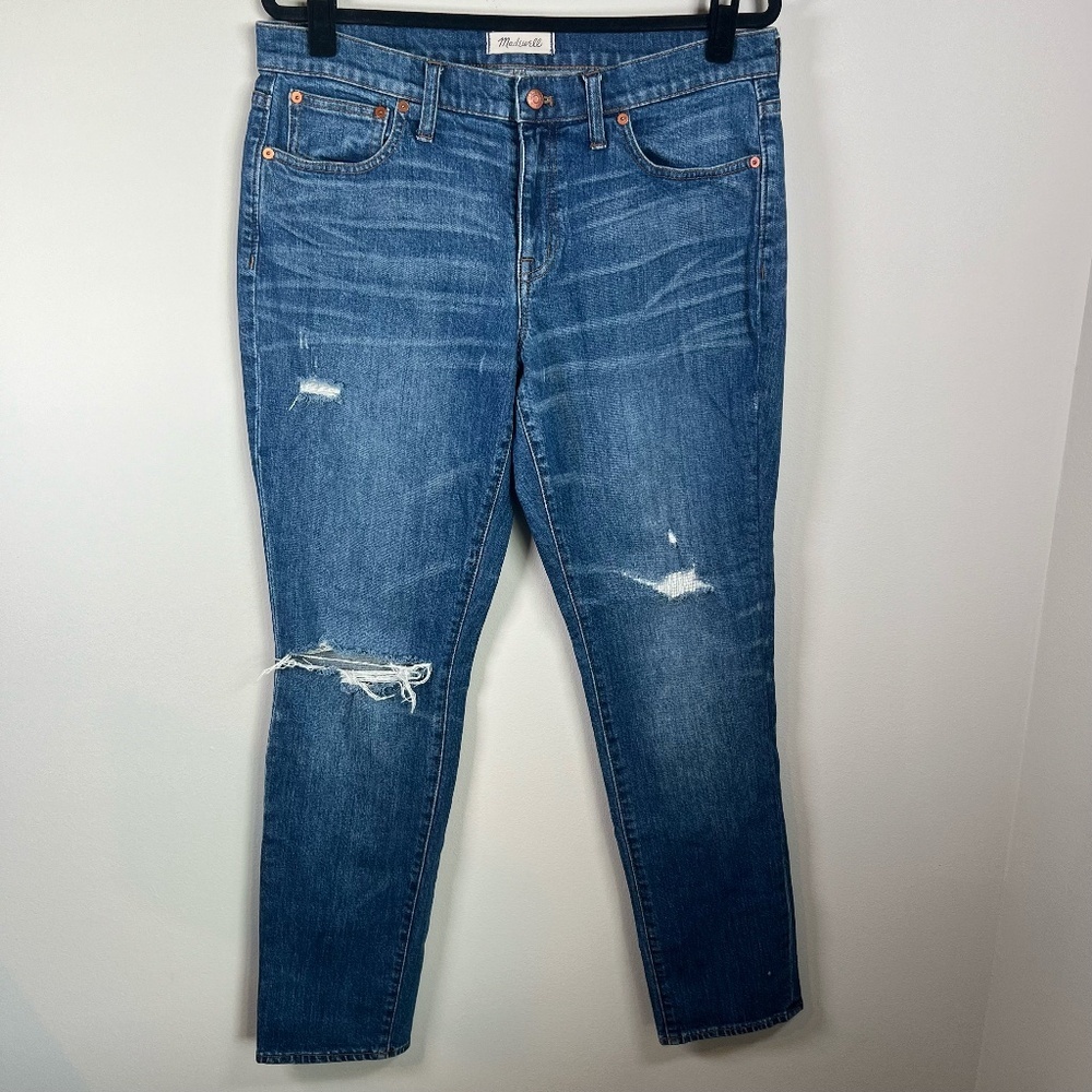 Madewell Womens The Slim Boy Jean Blue Distressed Ripped Denim Stretch
